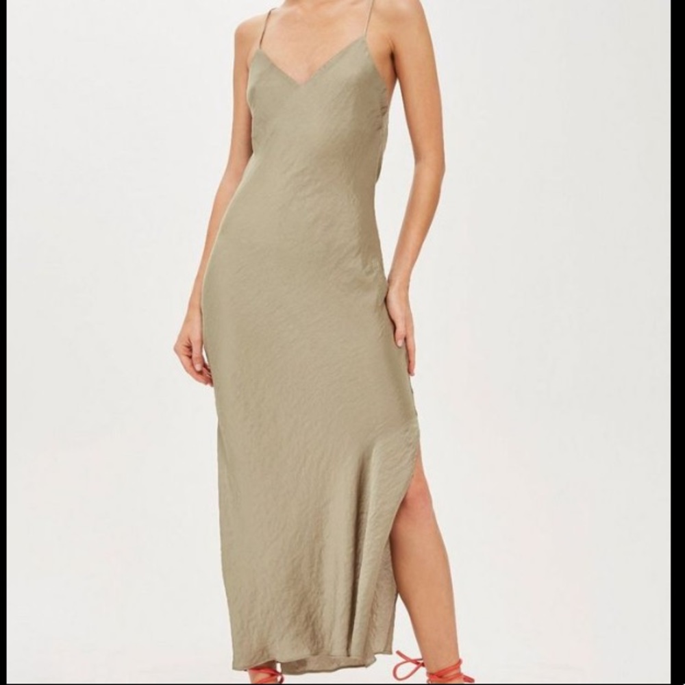 Topshop olive sage cowl back criss cross slip dress